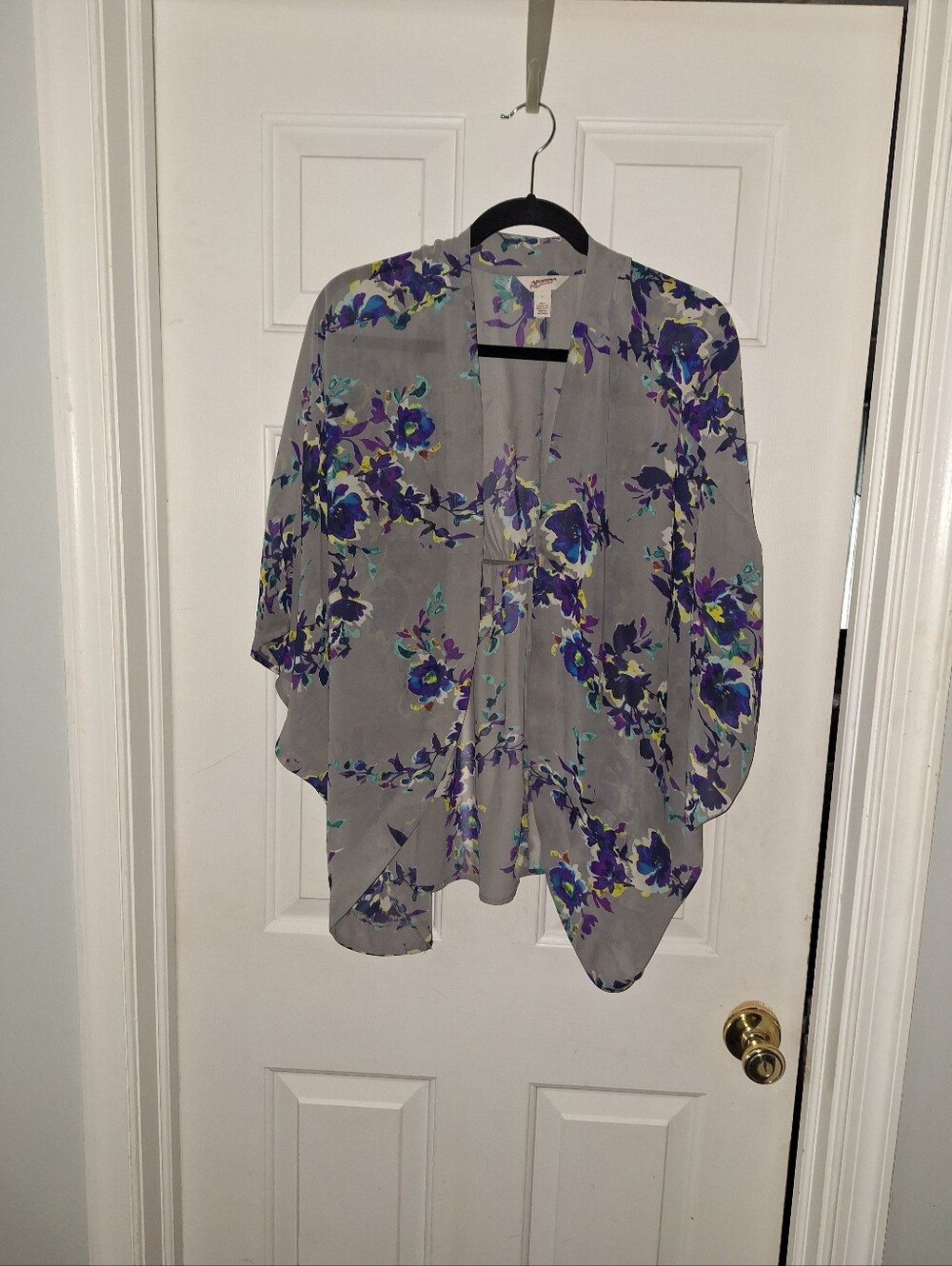 Arizona Jean Co Floral Kimono Cardigan Gray Purple Blue Boho Layering Top Size L